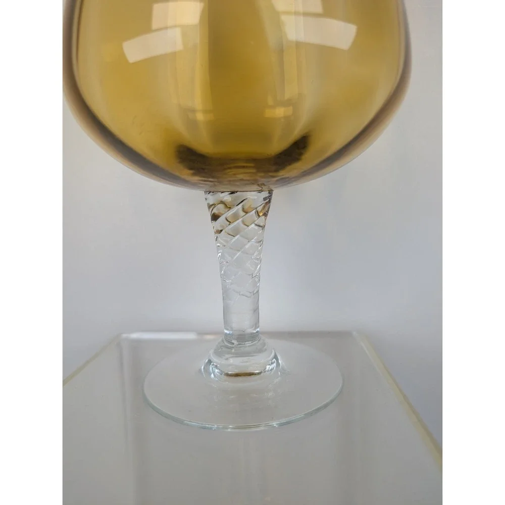 Empoli Glass Amber Spot Optic Glass Footed Large Brandy Snifter Twisted Stem Vng